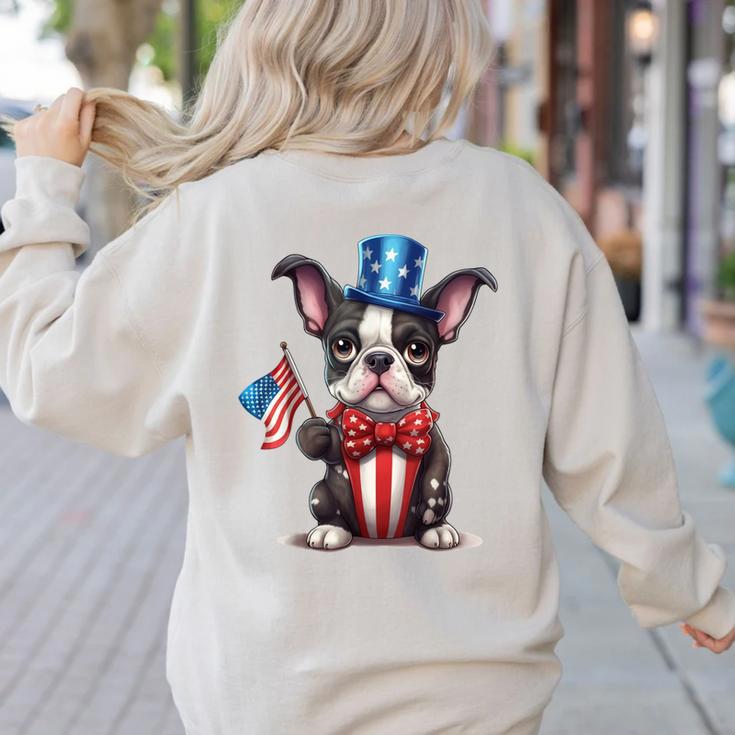 Boston Terrier Puppy Dog Holds His American Flag 4th Of July Women's Sweatshirt Back Print