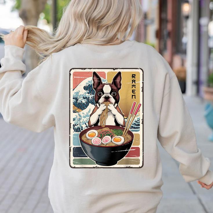 Boston Terrier Ramen Noodles Japanese Art Retro Ocean Waves Women's Sweatshirt Back Print