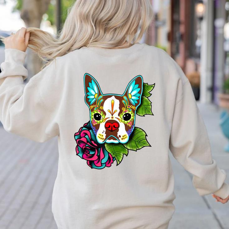 Boston Terrier In Red Day Of The Dead Sugar Skull Dog Women's Sweatshirt Back Print