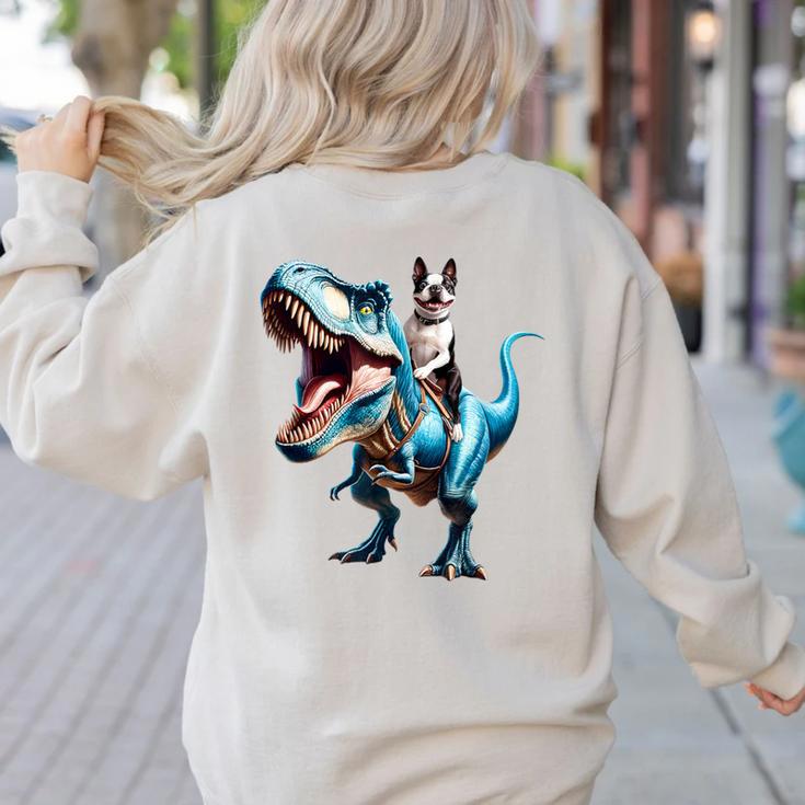 Boston Terrier Riding T-Rex Dinosaur Dog Lover Women's Sweatshirt Back Print