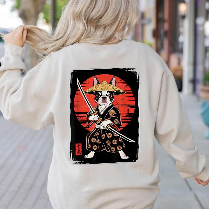 Boston Terrier Samurai Ninja Vintage Anime Japanese Ukiyo-e Women's Sweatshirt Back Print