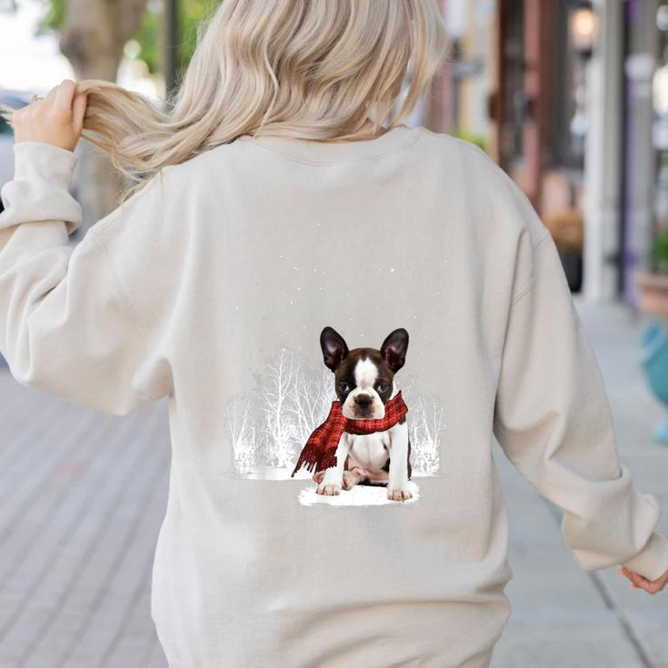 Boston Terrier In The Snow Merry Christmas Winter Women's Sweatshirt Back Print