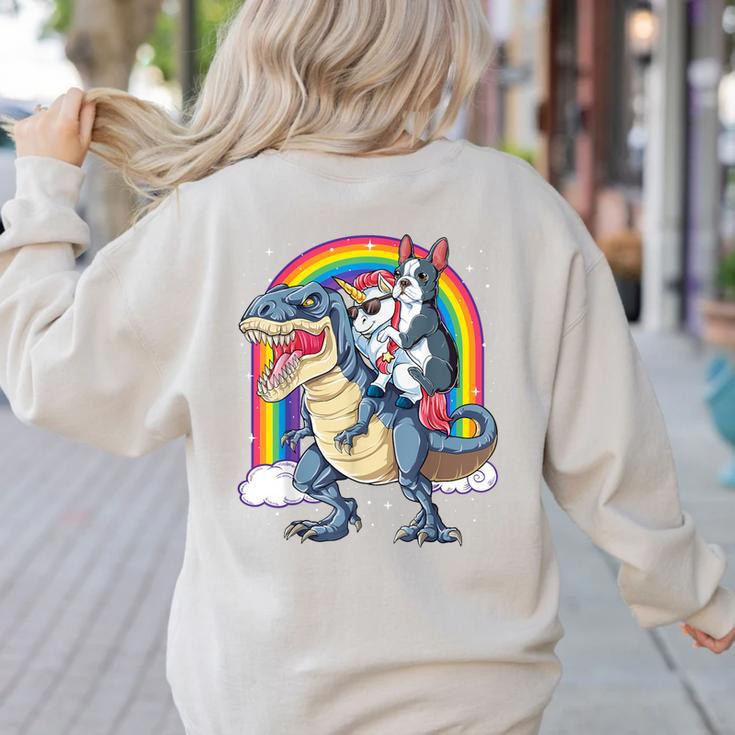 Boston Terrier Unicorn Riding Dinosaur T-Rex Girls Rainbow Women's Sweatshirt Back Print