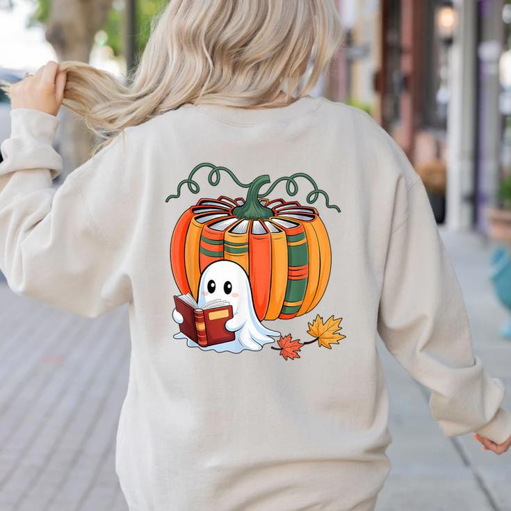 Fall Book Pumpkin Books Ghost Reading Halloween Teacher Women's Sweatshirt Back Print