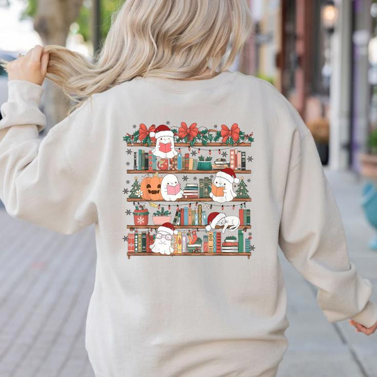 Ghost Christmas Reading Book Lover Library Christmas Teacher Women's Sweatshirt Back Print Ghost Christmas Reading Book Lover Library Christmas Teacher Women's Sweatshirt Back Print