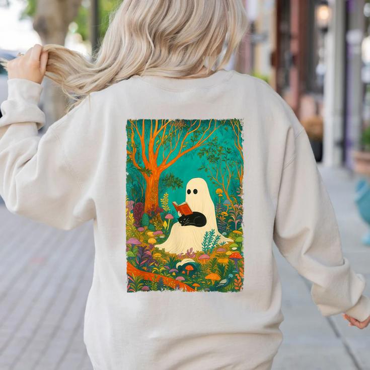 Groovy Ghost Reading Book Cat Halloween Ghost Teacher Women's Sweatshirt Back Print Groovy Ghost Reading Book Cat Halloween Ghost Teacher Women's Sweatshirt Back Print