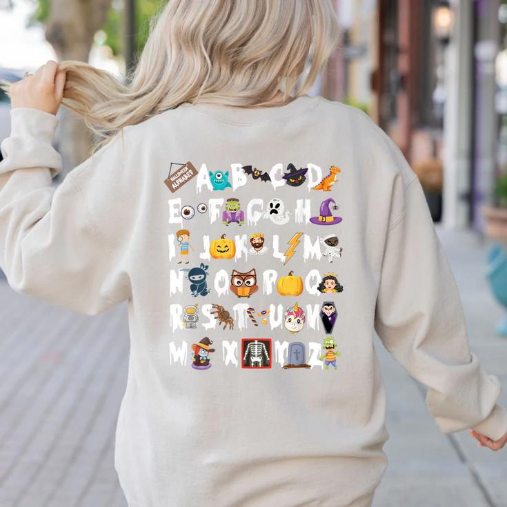 Halloween Alphabet ABCs Learning Kindergarten Teacher Men Women Kids Women's Sweatshirt Back Print