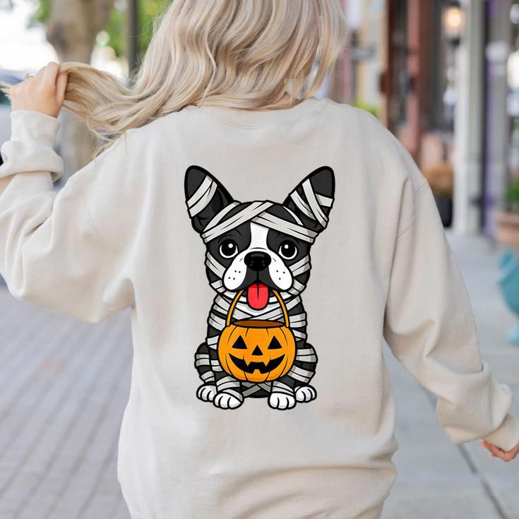 Halloween Dog Boston Terrier Mummy Costume Men Women Kids Women's Sweatshirt Back Print