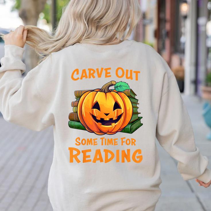 Halloween Teacher Librarian Pumpkin Reading Books Men Women Kids Women's Sweatshirt Back Print