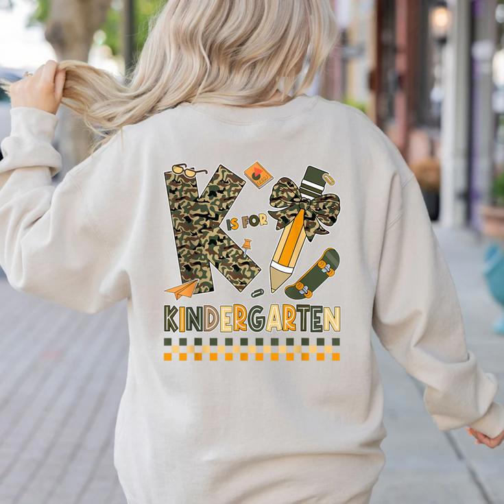 K Is For Kindergarten Teacher Coquette Bow Camo Women's Sweatshirt Back Print K Is For Kindergarten Teacher Coquette Bow Camo Women's Sweatshirt Back Print