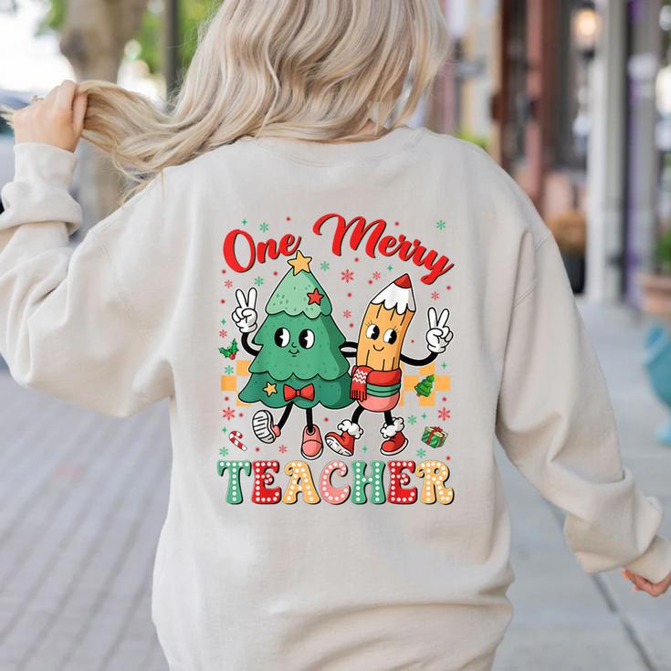 One Merry Teacher Groovy Christmas Tree Pjs Xmas Teacher Women's Sweatshirt Back Print One Merry Teacher Groovy Christmas Tree Pjs Xmas Teacher Women's Sweatshirt Back Print