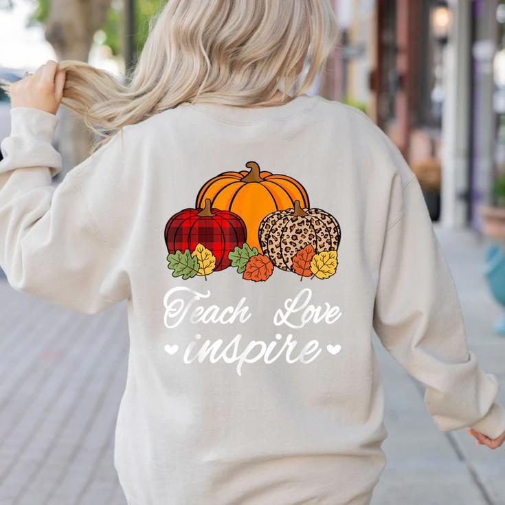 Teach Love Inspire Autumn Fall Plaid Leopard Pumpkin Teacher For Men Women Kids Women's Sweatshirt Back Print