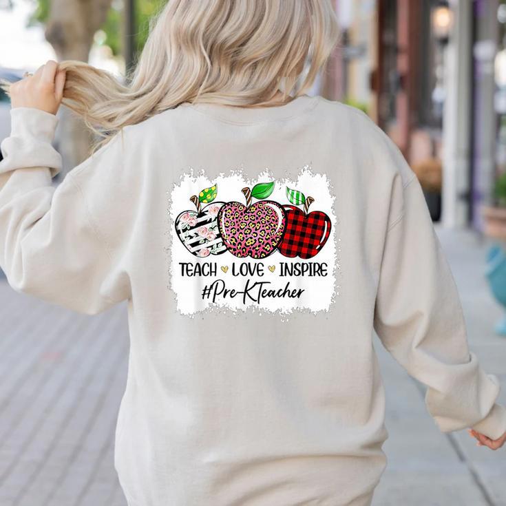 Teach Love Inspire Pre-k Teacher Apple Leopard Red Plain Women's Sweatshirt Back Print