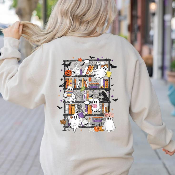 Teacher Library Ghost Reading Book Halloween Cat Women's Sweatshirt Back Print Teacher Library Ghost Reading Book Halloween Cat Women's Sweatshirt Back Print