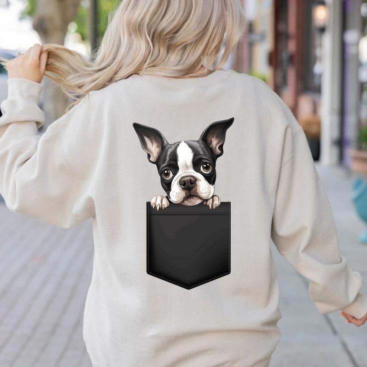 Boston Terrier Dog Puppy Dog In Pocket Cute Pet Lover Women's Sweatshirt Back Print