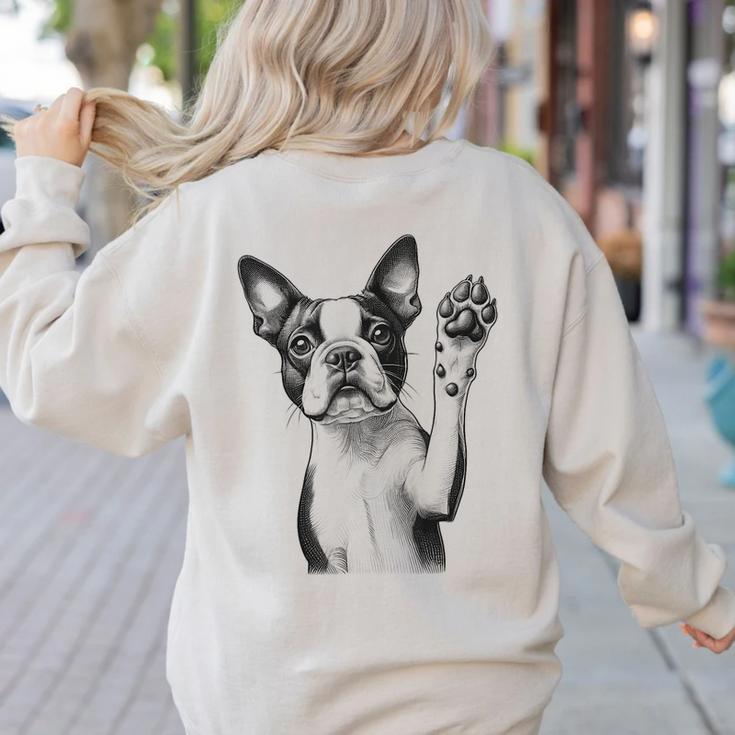 Boston Terrier Dog Raising Paw Idea Men Women Women's Sweatshirt Back Print