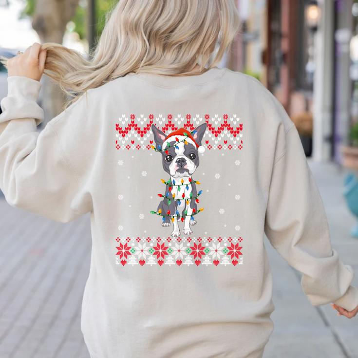 Boston Terrier Dog Santa Hat Men Kids Ugly Christmas Light Women's Sweatshirt Back Print