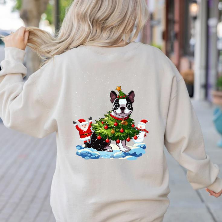 Boston Terrier Merry Christmas Tree Lights Dog X-Mas Dogs Women's Sweatshirt Back Print