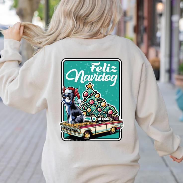 Boston Terrier Merry Christmas Tree Truck Dog X-Mas Women's Sweatshirt Back Print