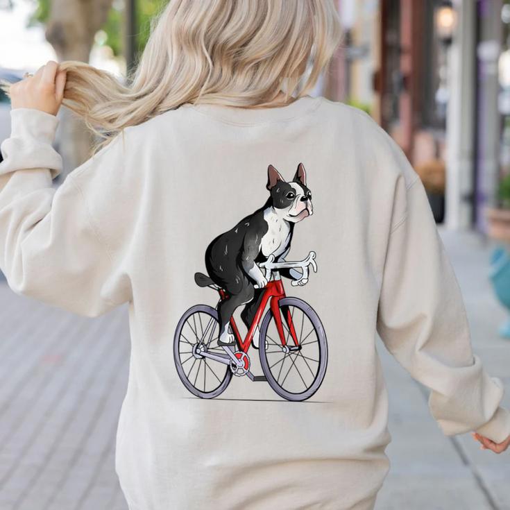 Boston Terrier Riding Bicycle Cute Bostie Biker Raglan Baseball Tee Women's Sweatshirt Back Print