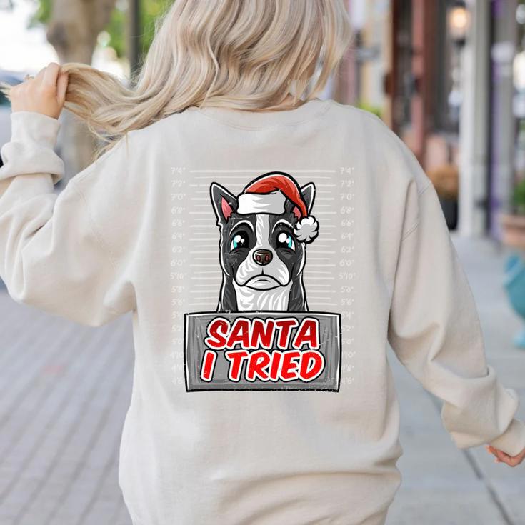 Boston Terrier Santa Claus Hat Merry Christmas Dog X-Mas Women's Sweatshirt Back Print
