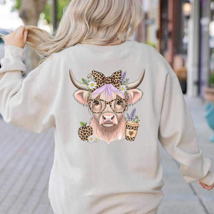 Cute Floral Highland Cow Back To School For Women Teacher Women's Sweatshirt Back Print