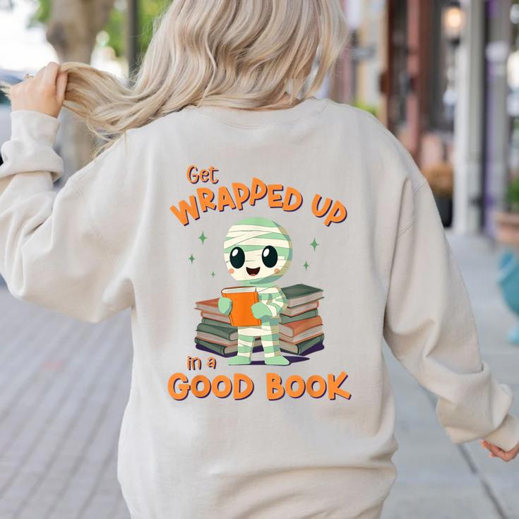Cute Halloween Teacher Librarian Mummy Reading Books Women's Sweatshirt Back Print
