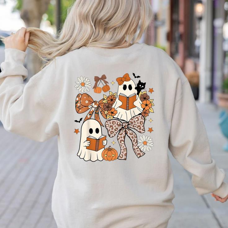 Ghost Reading Books Halloween Bow Spooky Teacher Student Women's Sweatshirt Back Print