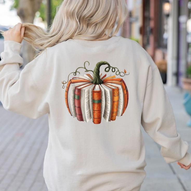Halloween Teacher Librarians Fall Book Pumpkin Retro Reading Women's Sweatshirt Back Print