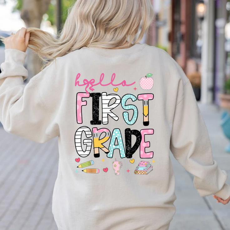 Hello First Grade Teacher Coquette Pencil Bow Back To School Women's Sweatshirt Back Print