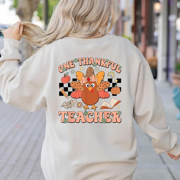 One Thankful Teacher Thanksgiving Retro Groovy Fall Teachers Women's Sweatshirt Back Print