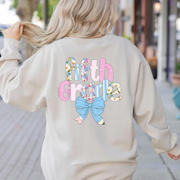 Preppy Fifth Grade Teacher Blue Floral Coquette Pencil Bow Women's Sweatshirt Back Print