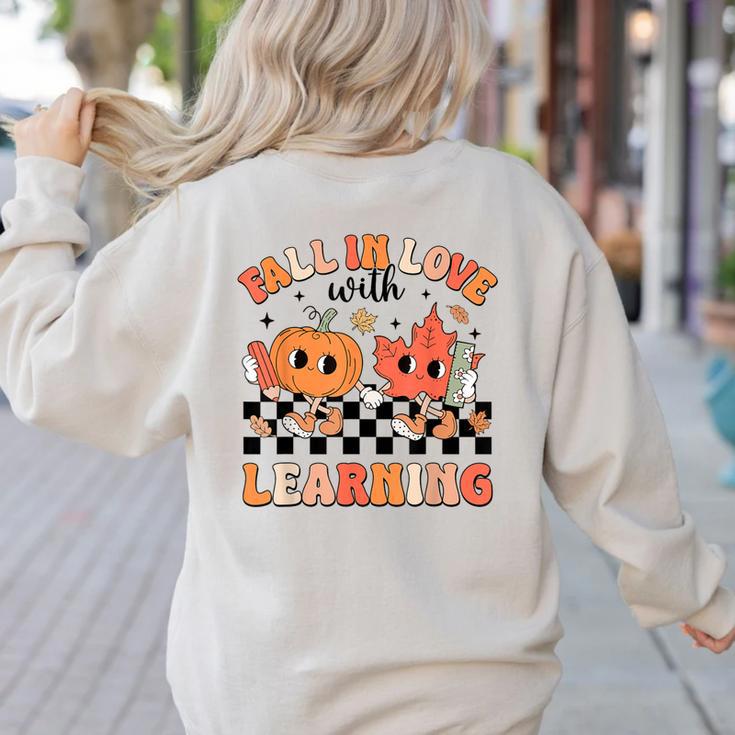 Retro Fall In Love With Learning Autumn Pumpkin Teacher Women's Sweatshirt Back Print