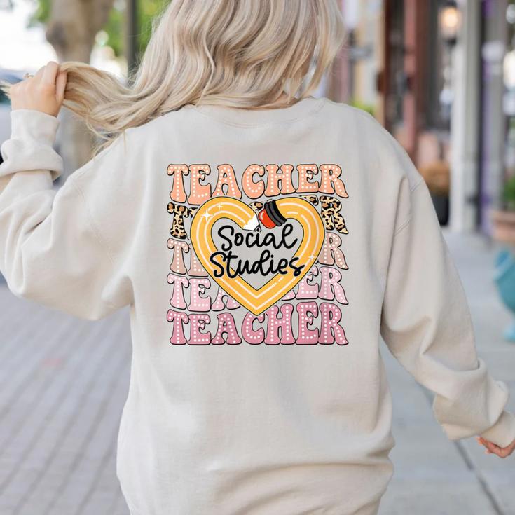 Social Studies Teacher Pencil Heart Leopard Back To School Women's Sweatshirt Back Print