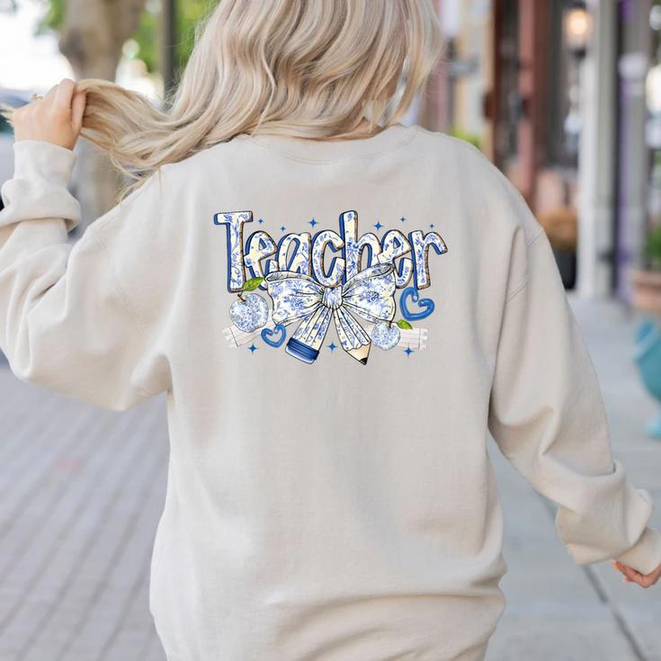 Teacher Blue Chinoiserie Coquette Bow Heart Teacher Life Women's Sweatshirt Back Print
