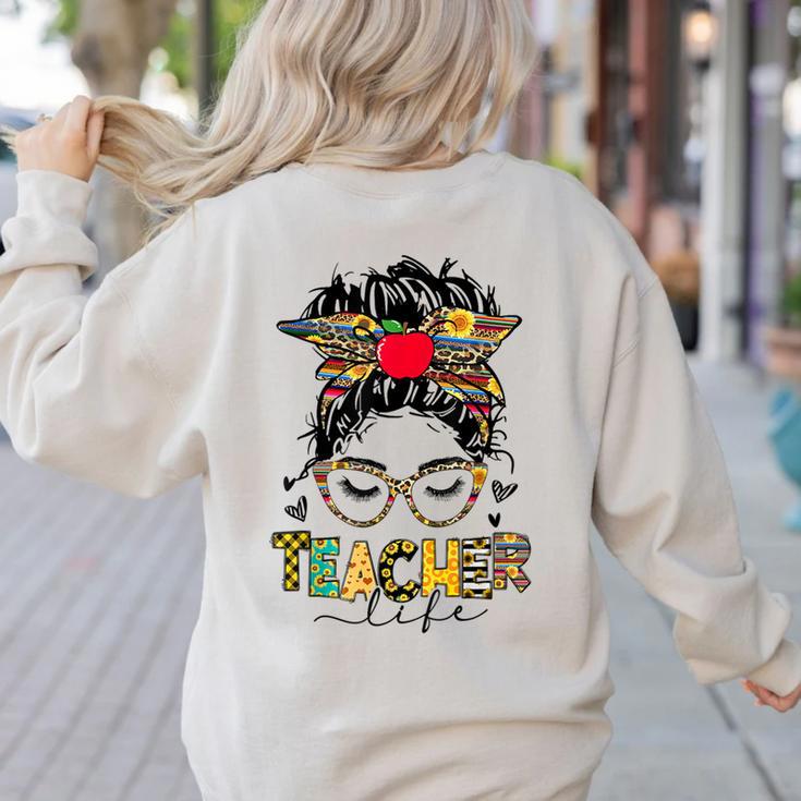 Teacher Life Messy Bun Glasses Leopard Sunflower Women's Sweatshirt Back Print