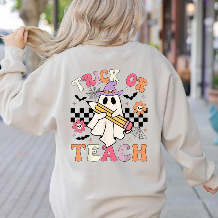 Trick Or Teach Groovy Teacher Halloween Retro Floral Ghost Women's Sweatshirt Back Print