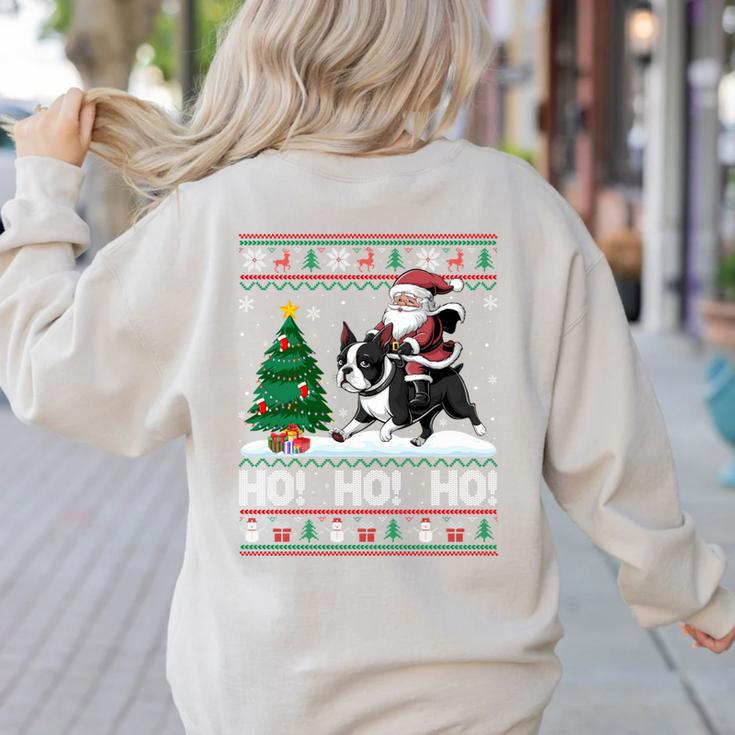 Xmas Tree Lighting Santa Riding Boston Terrier Christmas Women's Sweatshirt Back Print