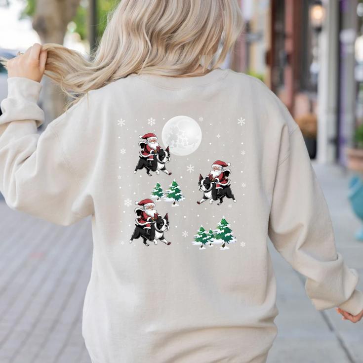 Xmas Tree Santa Riding Boston Terrier Christmas Women's Sweatshirt Back Print
