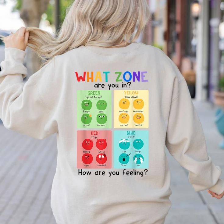 What Zone Are You In How Are You Feeling Teacher Women's Sweatshirt Back Print