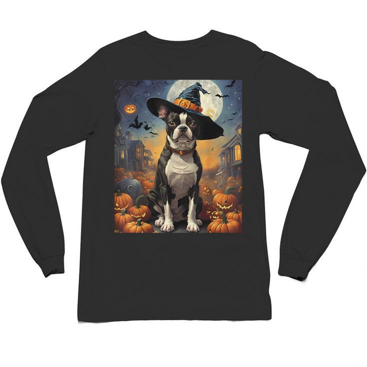 Aesthetic Halloween Boston Terrier Dog Witch Pumpkin For Men Women Kids Unisex Long Sleeve T-Shirt