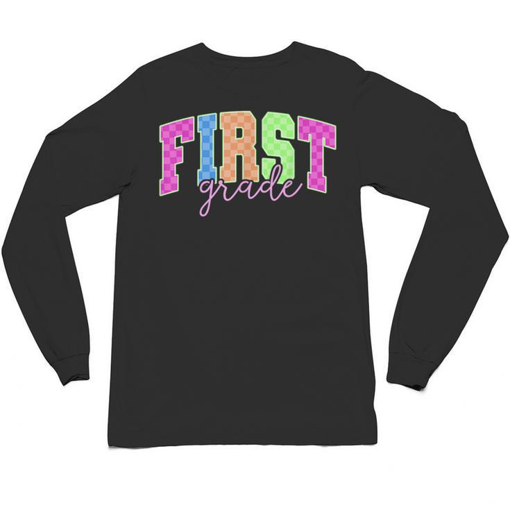 Back To School Neon Checkered First Grade Colorful Teacher Unisex Long Sleeve T-Shirt