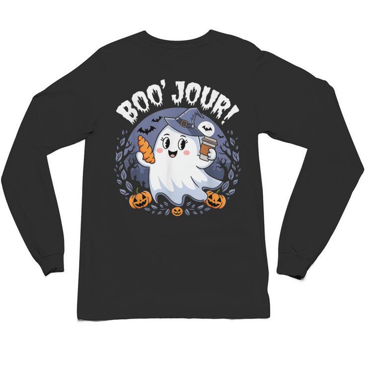 Boo Jour Ghost Halloween French Teacher Cute Coffe Croissant Unisex Long Sleeve T-Shirt