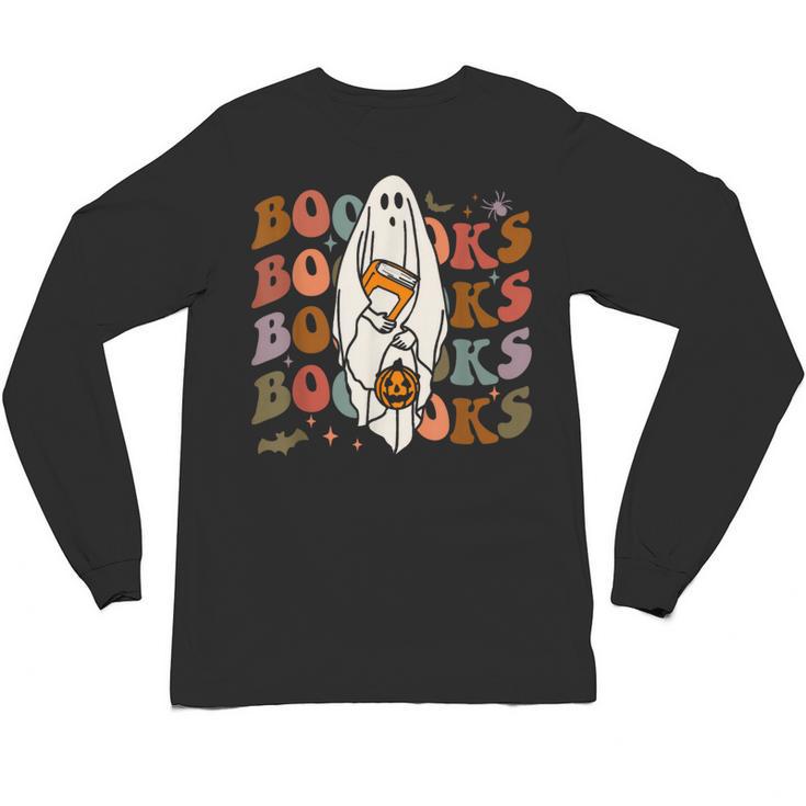 Booooks Ghost Halloween Groovy Vintage Teacher Book Reading Unisex Long Sleeve T-Shirt