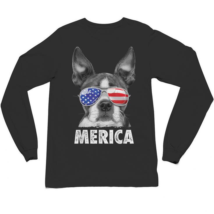Boston Terrier 4th Of July Merica Men Women USA Flag Vintage Unisex Long Sleeve T-Shirt