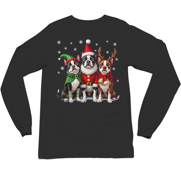 Boston Terrier Christmas Dogs Santa Reindeer Elf Unisex Long Sleeve T-Shirt