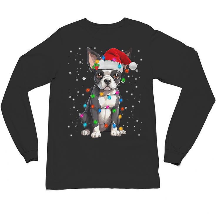 Boston Terrier Christmas Santa Hat Tree Lights Pajama Unisex Long Sleeve T-Shirt