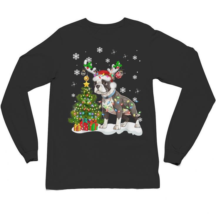 Boston Terrier Christmas Tree Lights Santa Hat Unisex Long Sleeve T-Shirt