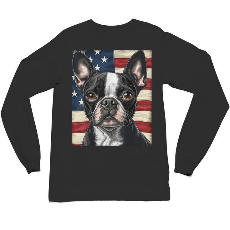 Boston Terrier Dog American Flag 4th Of July Patriotic Puppy Unisex Long Sleeve T-Shirt, trending gift