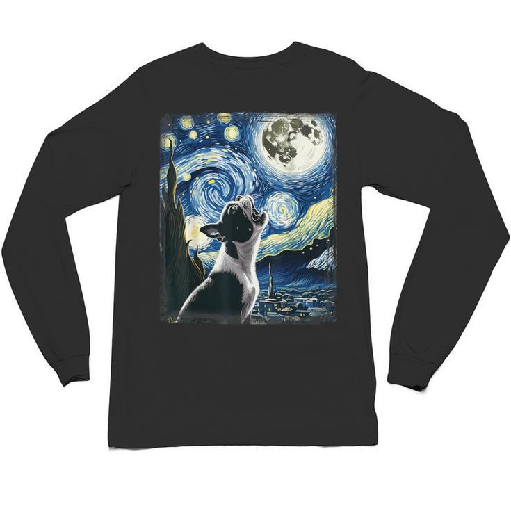 Boston Terrier Dog Art Van Gogh Starry Night Boston Terrier Unisex Long Sleeve T-Shirt